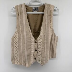 Vintage Agapo Tan Cotton Crochet Lace Button Front Vest with Back Tie Small